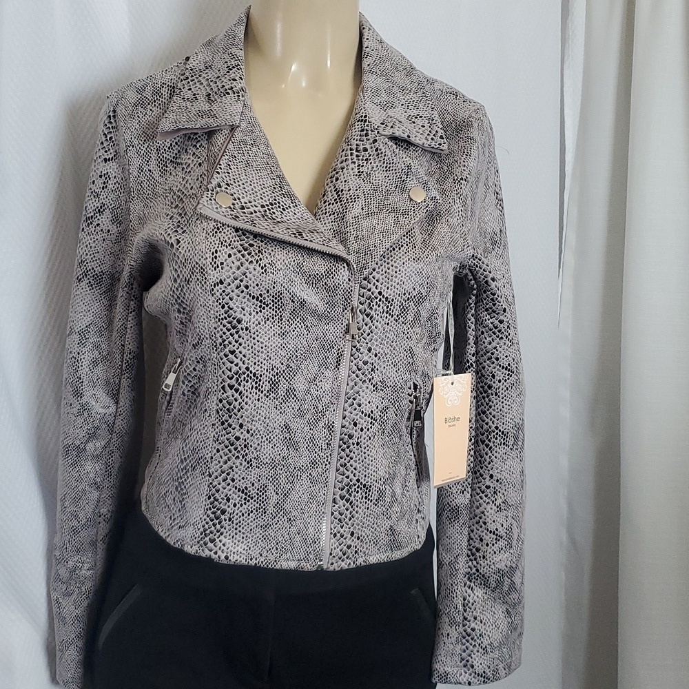 New WT Blashe Cream Black Snakeskin Faux Leather Zip Up Moto Jacket Size M